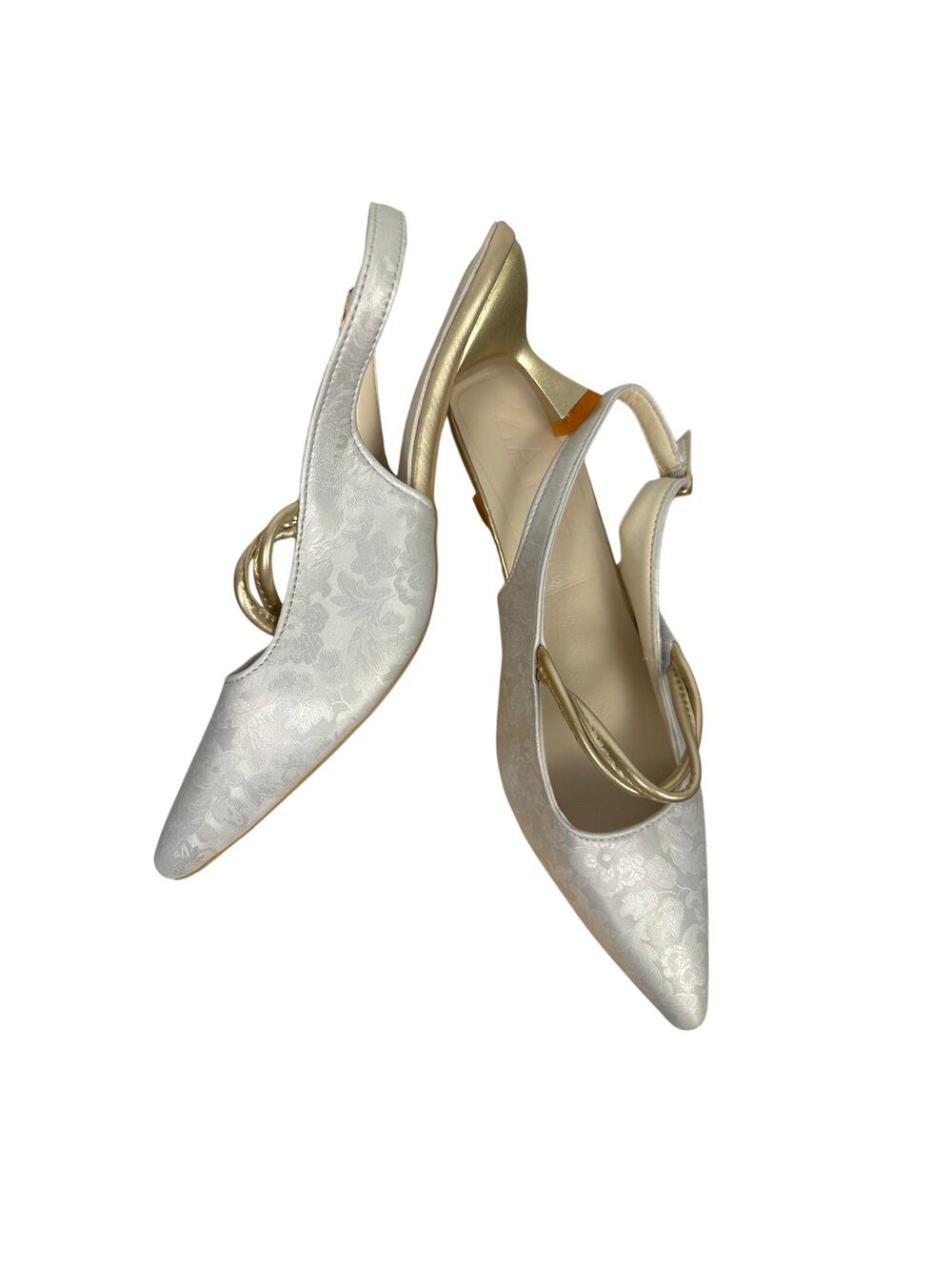 Zara pointed toe slingback heels silver patterned fabric gold strap white pearl